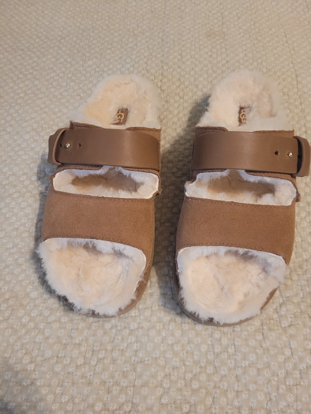 Ugg Plush Shearling Slide Sandals in Chestnut Brown